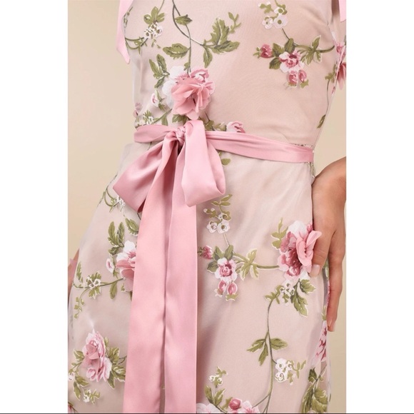 Lulu's Nude/Pink Floral Tie Strap Midi Dress Prom Wedding Guest Party Formal NEW - Picture 4 of 16